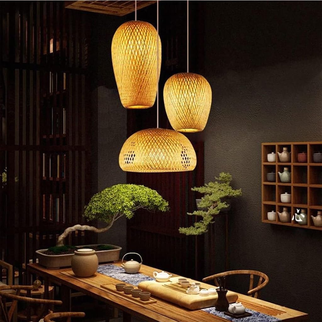 Lampada A Sospensione 3-Fiamma E27 Vintage Natural Bamboo Lantern, Retro Lampada In Rattan DIY Altezza Regolabile Lampadario Hanging Soffitto Per Sala Pranzo Camera Da Letto Bar Illuminazione Soffitto
