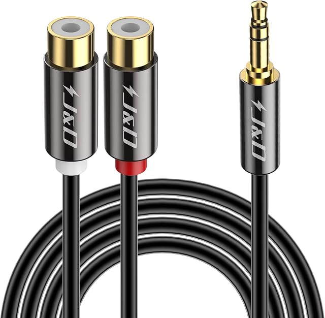 J&D 3.5mm to 2 RCA Cable, Gold Plated Copper Shell Heavy Duty 3.5mm Male to 2RCA Female Stereo Audio Adapter Extension Cable (1.8 m)