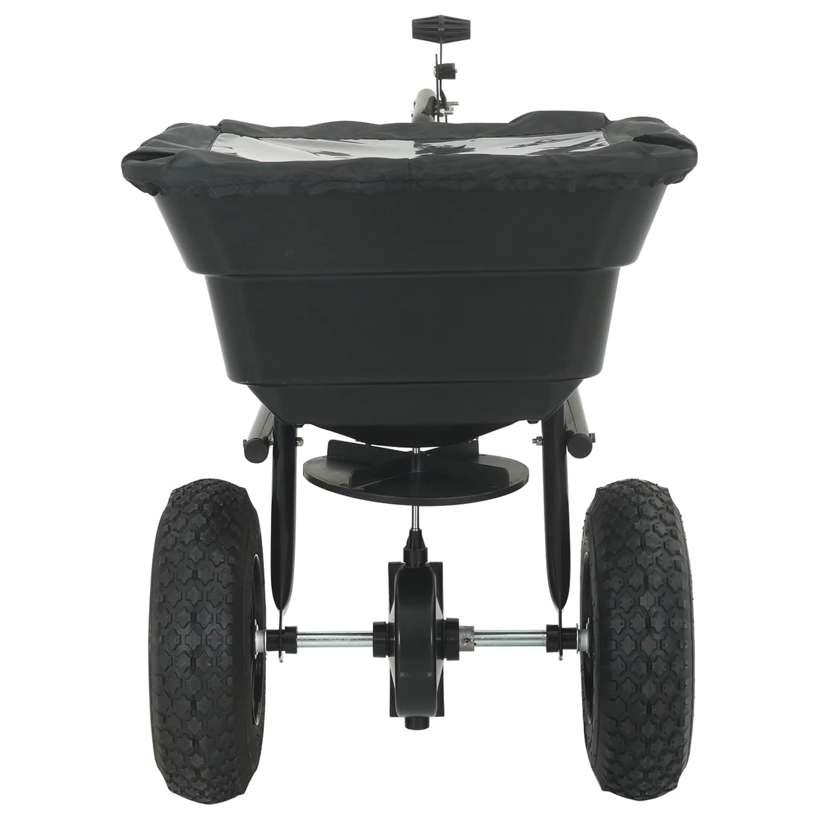 Épandeur noir en PVC robuste et acier 53 x 108 x 74 cm, épandeur manuel ergonomique pour l'entretien de la pelouse, les graines et les engrais, compact et réglable pour jardin, trottoirs et