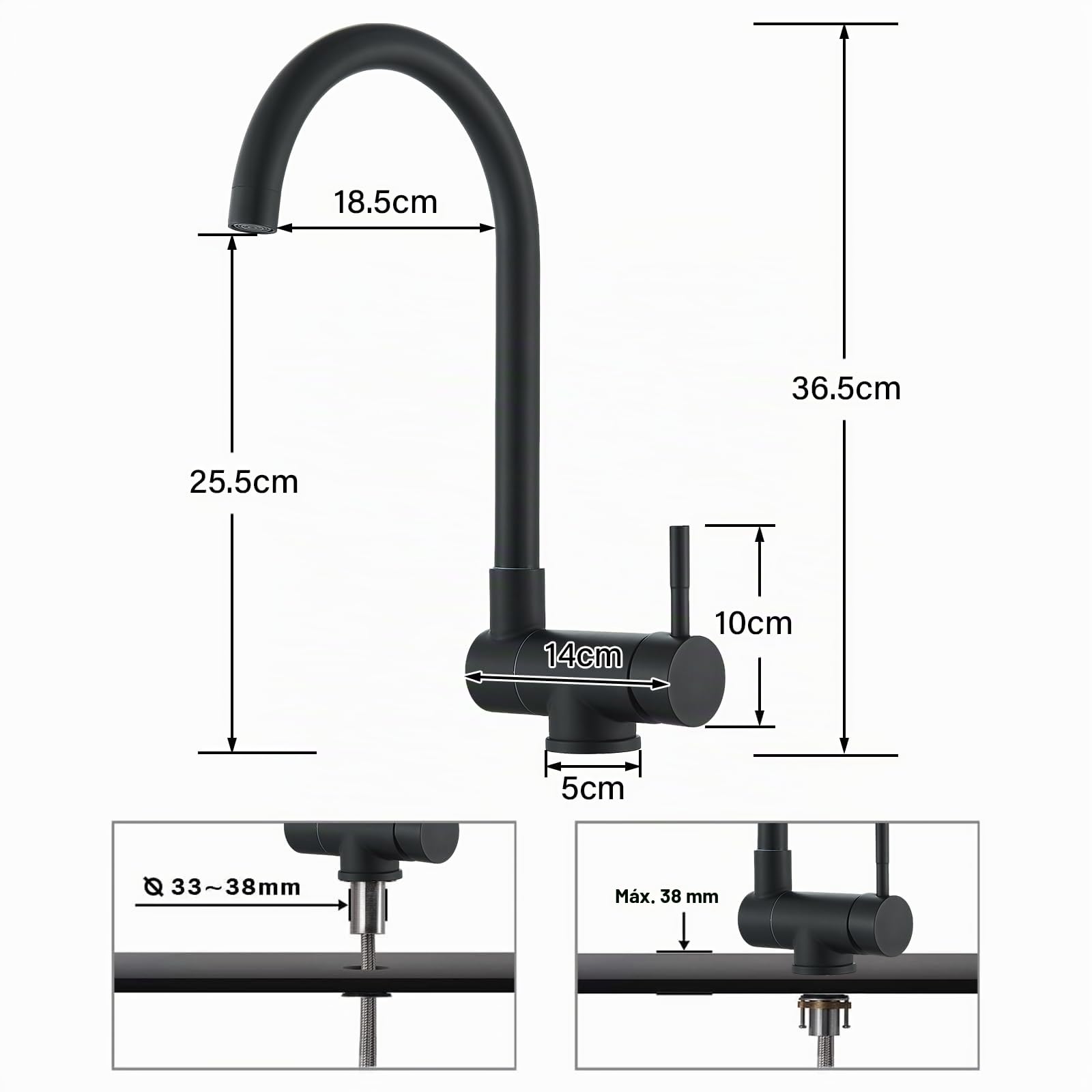 Grifo de cocina plegable, mezclador giratorio de 360°, mezclador de cocina, grifo plegable de acero inoxidable, color negro