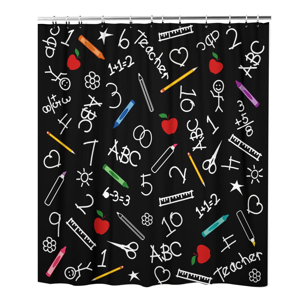LOKMU Shower Curtain Set with Hooks Back to School Chalk Crayons Markers Rulers Pencils Scissors ABC 72" Lx60 W Waterproof Polyester Fabric Curtains for Bathroom
