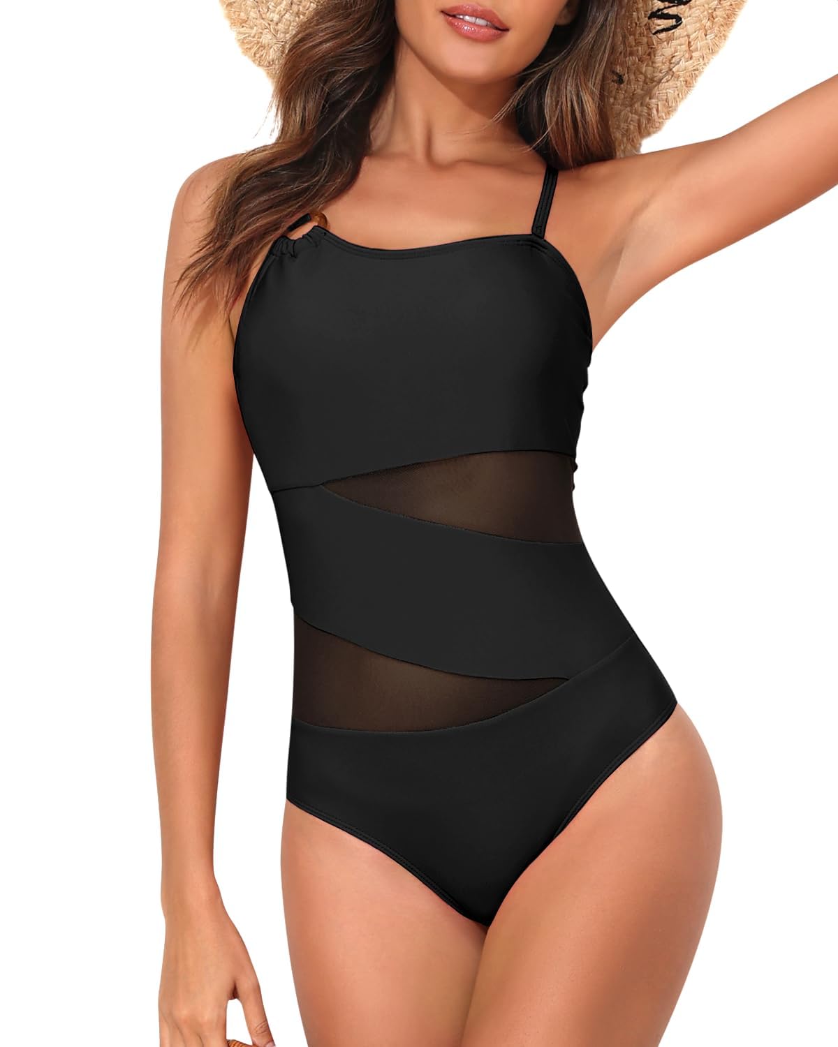 One Piece Swimsuit Tummy Control One Shoulder Bathing Suits for Women Full Coverage Cutout Mesh Sexy Swimwear