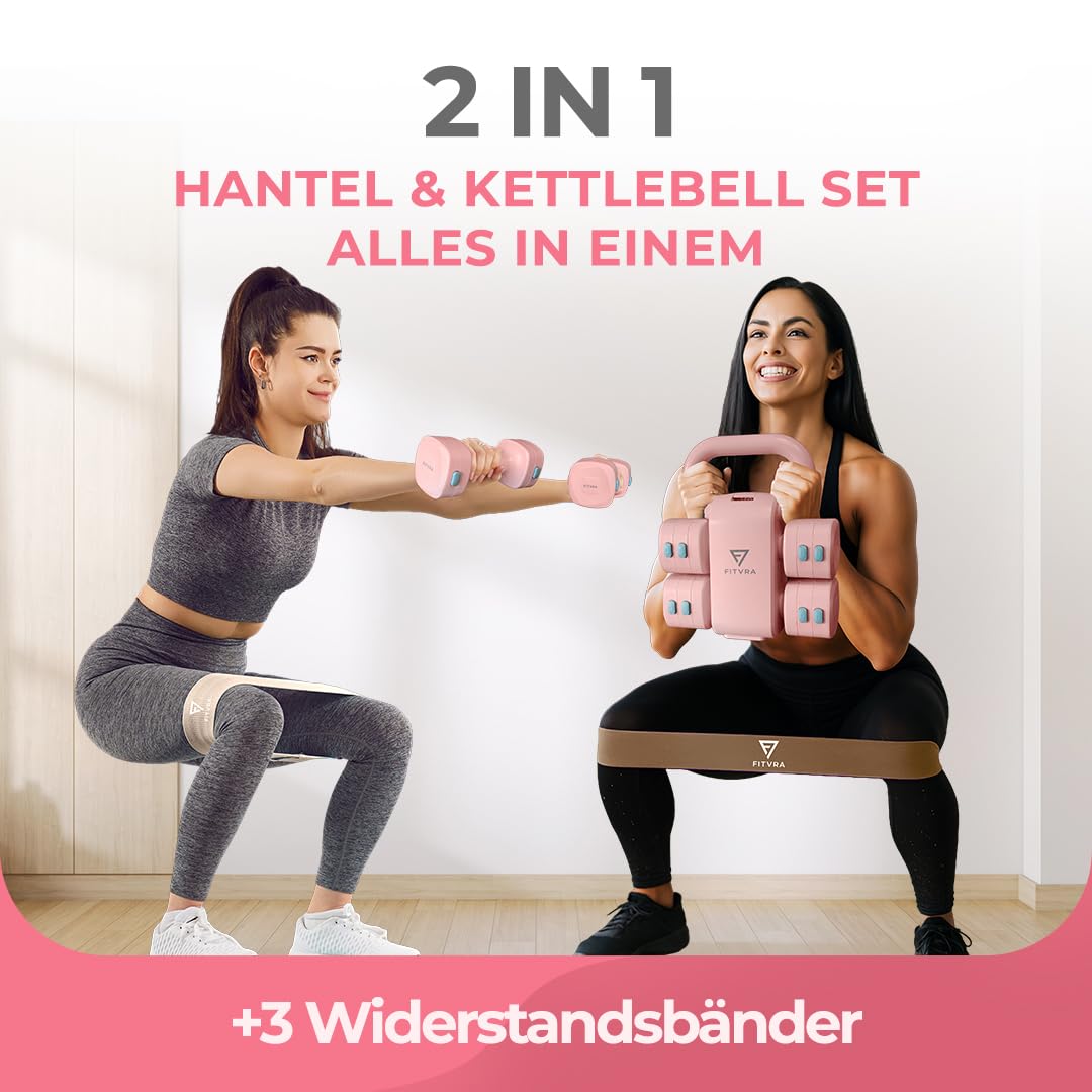 Verstellbare Hanteln 2 in 1, Hantel Set und Kettlebell | Kurzhanteln für Home Gym: 1-3 kg, Kettlebell 2,5-6,5 kg und 3 Widerstandsbänder