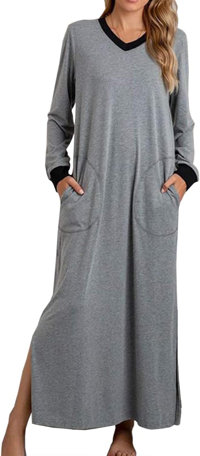 Mzkdieey Women's Nightgown V-Neck Loungewear Long Sleeve Sleepwear Full Length Nightgown Side Slit Pajama Dress with Pockets