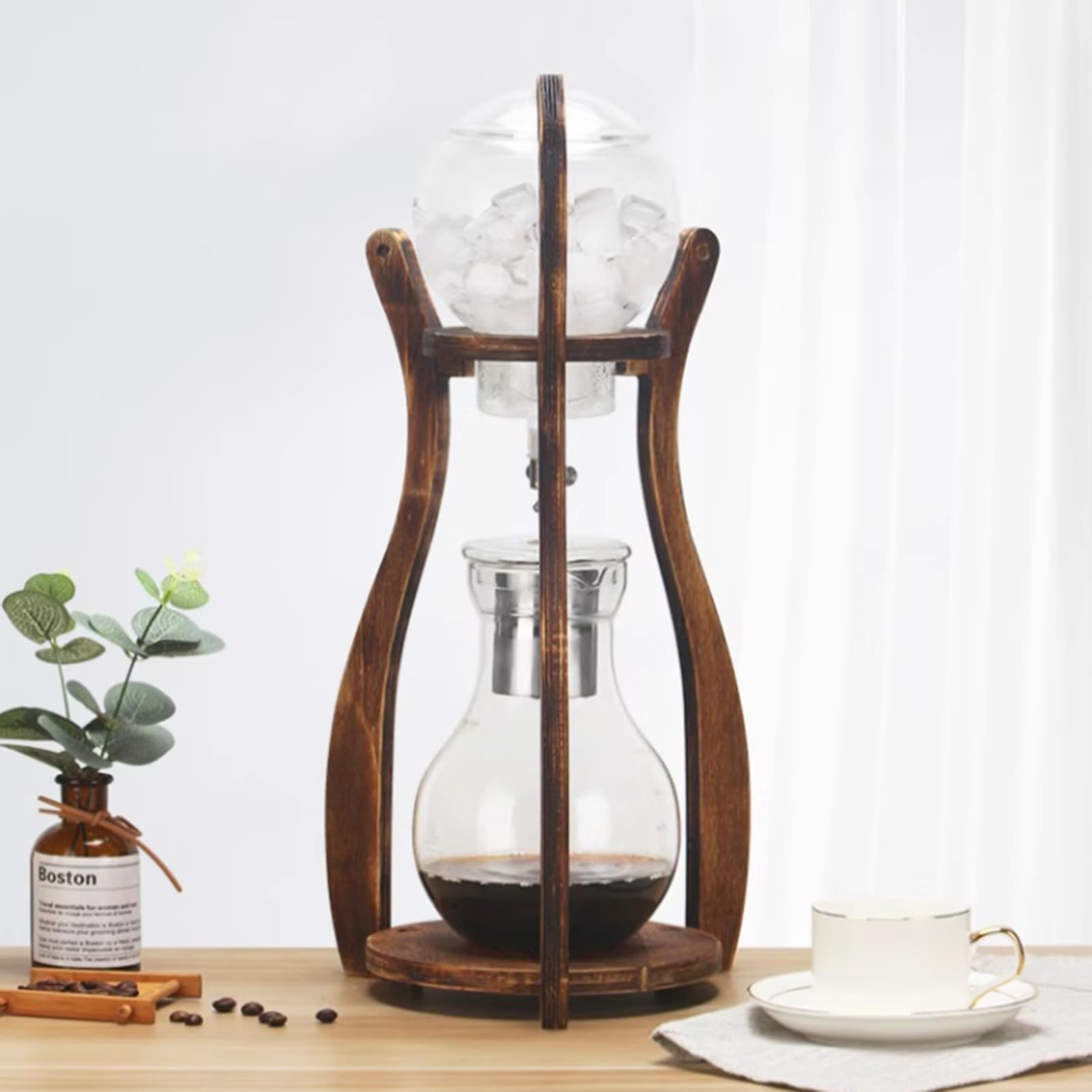Cold Brew Coffee Maker, Iced Drip Coffee Machine with Adjustable Dripper, Wood Frame, Stainless Steel Filter, 6-8 Cups