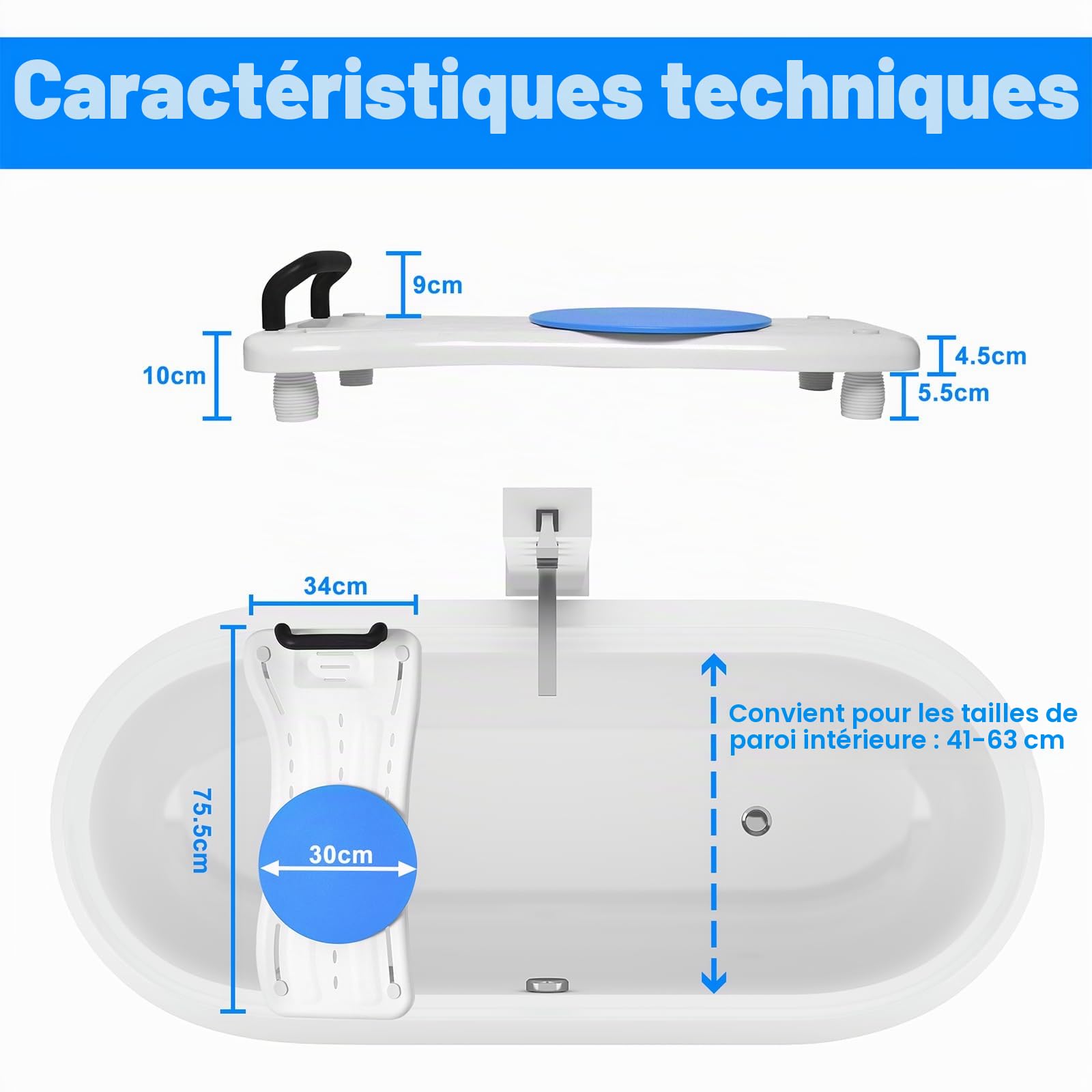 FIVMEN Planche de bain pour personnes âgées, adultes, avec poignée ergonomique et plateau rotatif, siège de baignoire antidérapant, planche de douche, planche de bain, noire