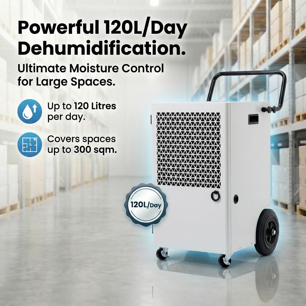 Deshumidificador Industrial Profesional 120L/Día : Deshumidificador Grandes Superficies 300m² con Depósito 7L Drenaje Continuo Pantalla Digital Ruedas para Garaje Sótano Baño