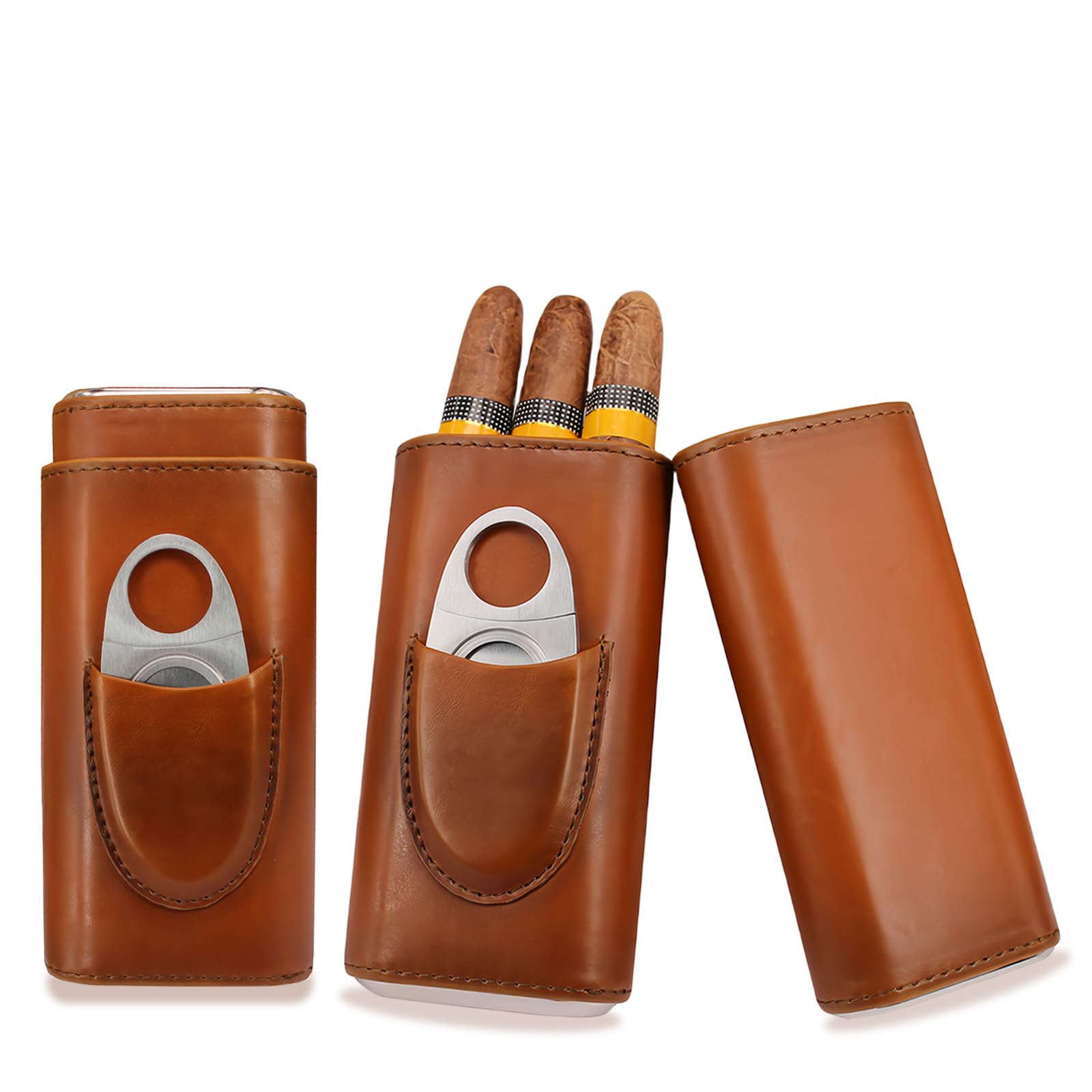 Etui na cygara, skórzane etui na 3 cygara, przenośny humidor z krajalnicą do cygar, pudełko na cygara wyłożone drewnem cedrowym, etui na cygara, nadaje się do podróży, na krótkie wycieczki