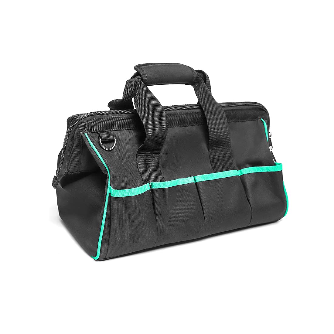 Litheli Sac à outils robuste de 40,6 cm, haut fermé, large ouverture, grand rangement, avec bandoulière réglable et 14 poches, noir