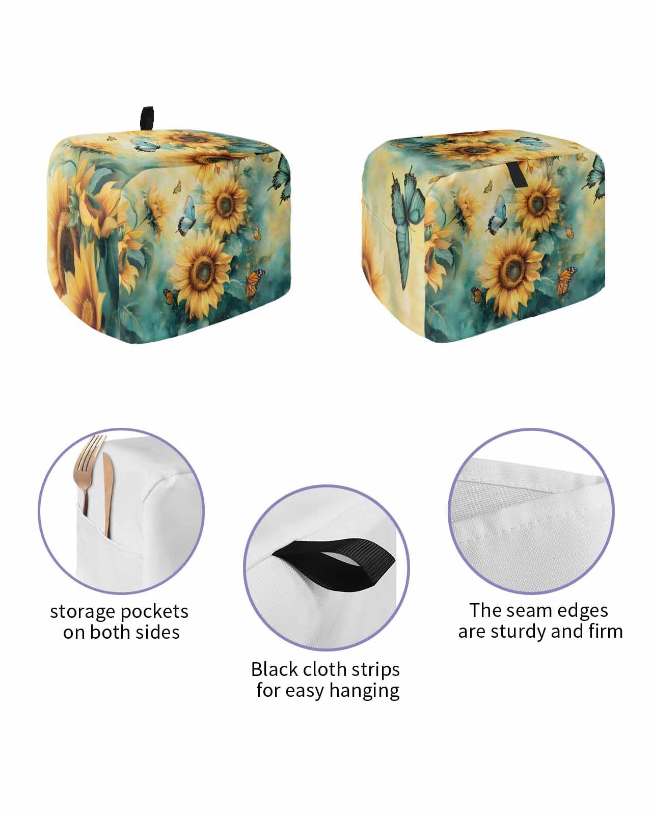 Yellow Sunflower Butterfly Toaster Cover 2 Slice, Teal Leaves Retro Abstract Dustproof Bread Machine Oven Cover with Storage Pockets, Fits Most Kitchen Toasters Protector