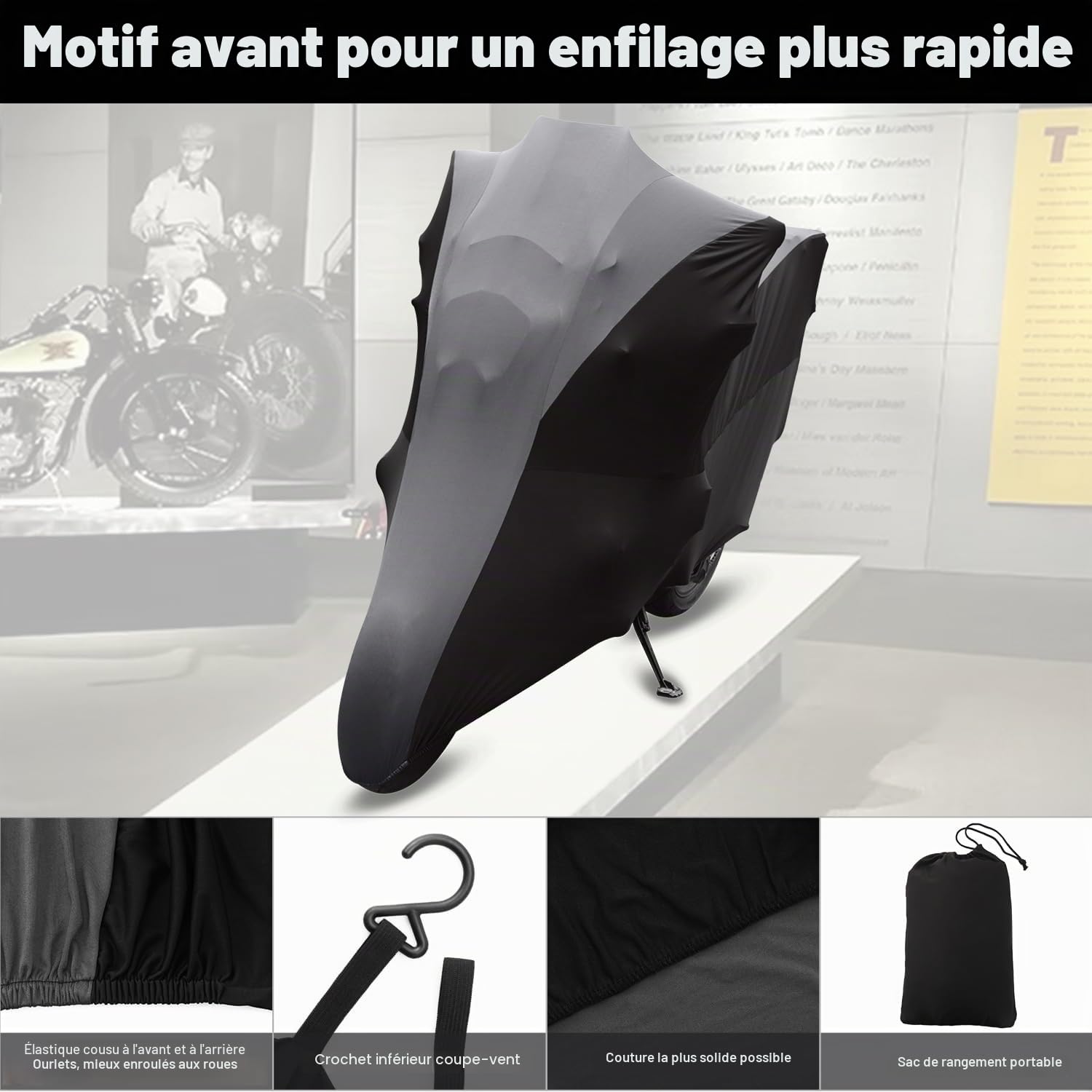 Housses de Moto d'intérieur, Élastique Respirant Tissu en Velours Doux Protection Contre la Poussière pour Scooter Garage Moto Exposition,Gris Rayé+Noir，Top Case 125 x 48 x 63 Pouces