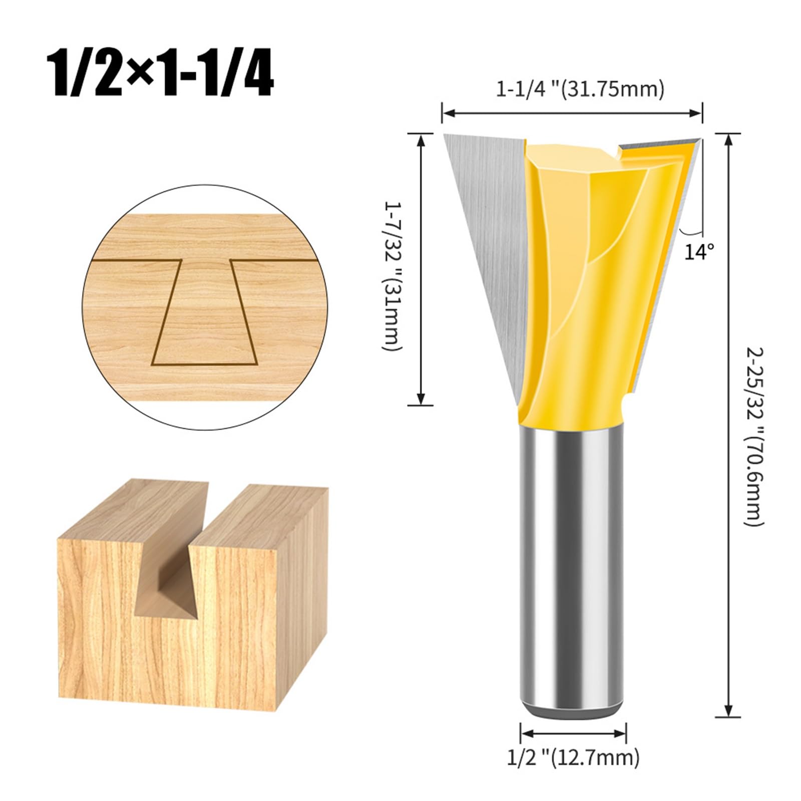 MACHSWON Straight Cut Router Bit Milling Cutter Cutting Dovetail Bit 1/2 Inch Shank,1-1/4" Cut Diameter Wood Cutting Trimming Cutter Double Flute Straight Grooving Bits for Woodworking Dovetail Bit - Image 2