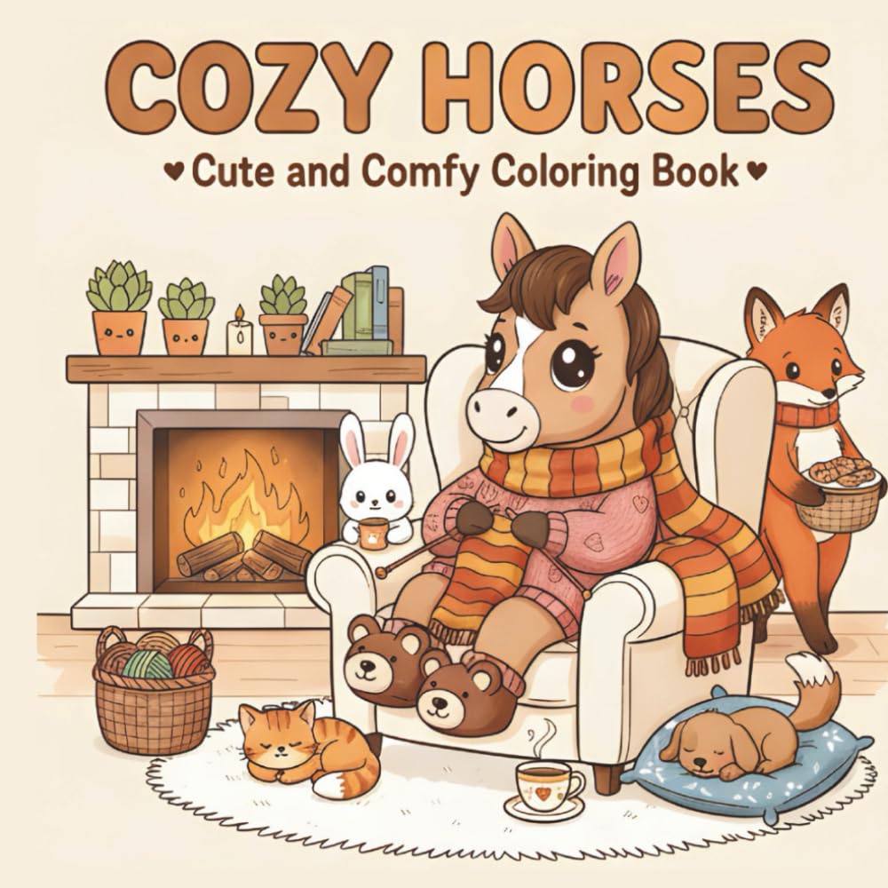 Cozy Horses: Cute and Comfy Coloring Book for Adults & Teens Featuring Adorable Horses in Cozy Scenes for Stress Relief (Hygge Spaces for Relaxation)