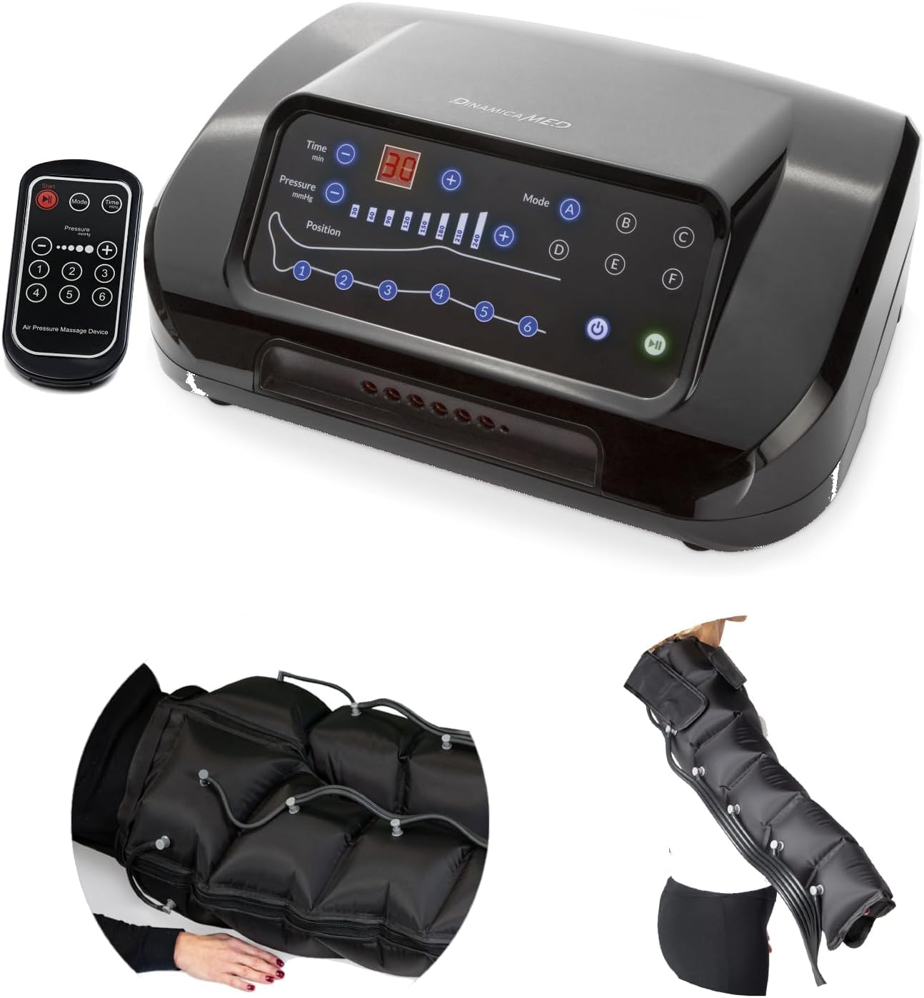Dinamicamed ® PRO 6.0 Pressoterapia Linfodrenaggio Professionale Digitale Classic, Pressoterapia per Casa con 6 Programmi, Massaggio Linfodrenante a 6 Camere con Pantalone lungo e Bracciale