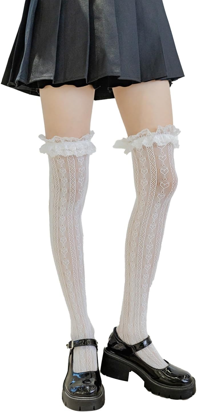 Thigh High Stockings with Bow, Santa Accessory Y2K Fishnet Socks with Lace Brim Lingerie Tights for Women
