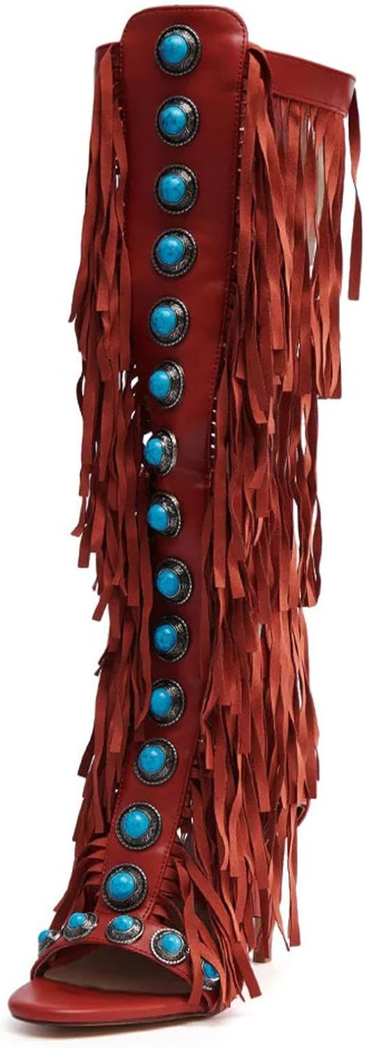 Women's Knee High Sandals Turquoise Heeled Boots with Fringe Tassels Zipper Open Toe High Sandal Boots Summer Shoes