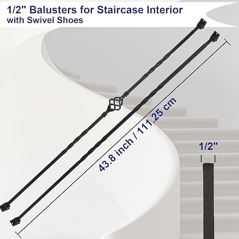 Sidasu 16-Pack Wrought Iron Balusters for Staircase, Hollow Single Basket with Double Twist 1/2 Square Metal Balusters with 32Pcs Baluster Swivel Shoes