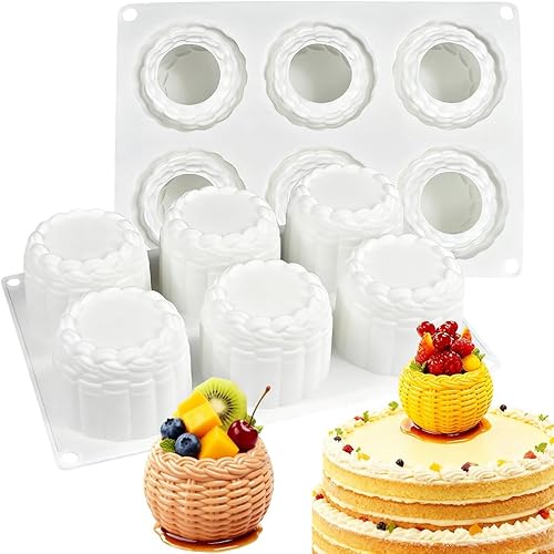 Miniatura 2 de Molde de silicona de grado alimenticio para cesta de flores 3D de 6 agujeros, moldes de silicona para hornear pasteles, postres, cesta trenzada,