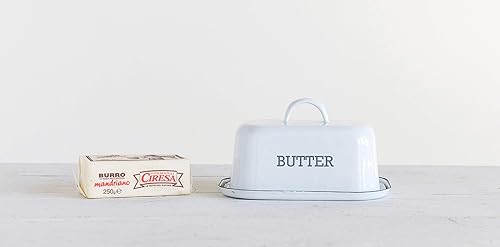 Miniatura 3 de Creative Co-Op Mantequillera de acero esmaltado blanco con borde negro almacenamiento de alimentos