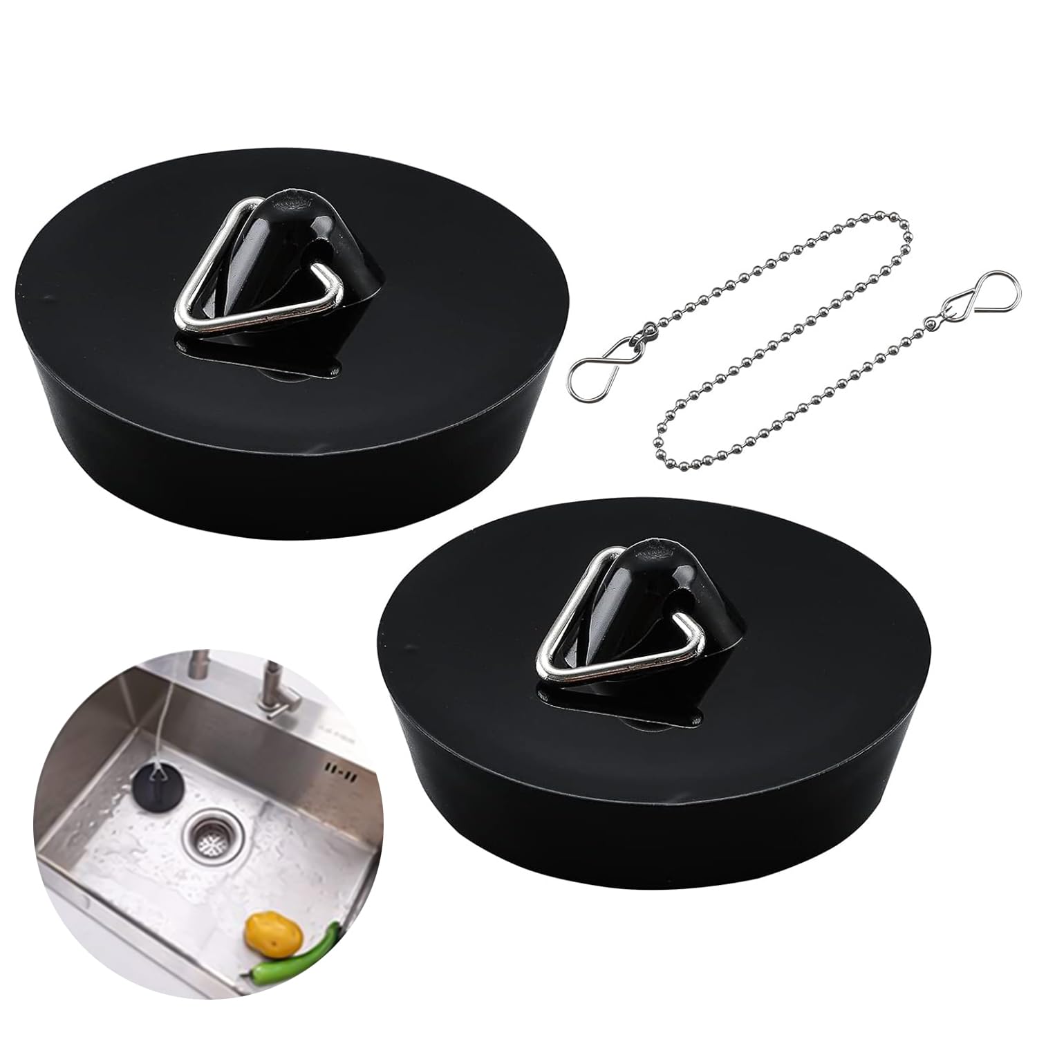 Bouchons Universels, Lot De 2, Bouchon De Vidange Pour Baignoire Cuisine Salle De Baine Noire En Caoutchouc 78724725