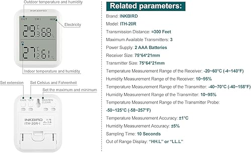 Miniatura 9 de Inkbird ITH-20R Higrómetro digital para interiores y exteriores, termómetro inalámbrico para habitación con sensor, pantalla de temperatura precisa