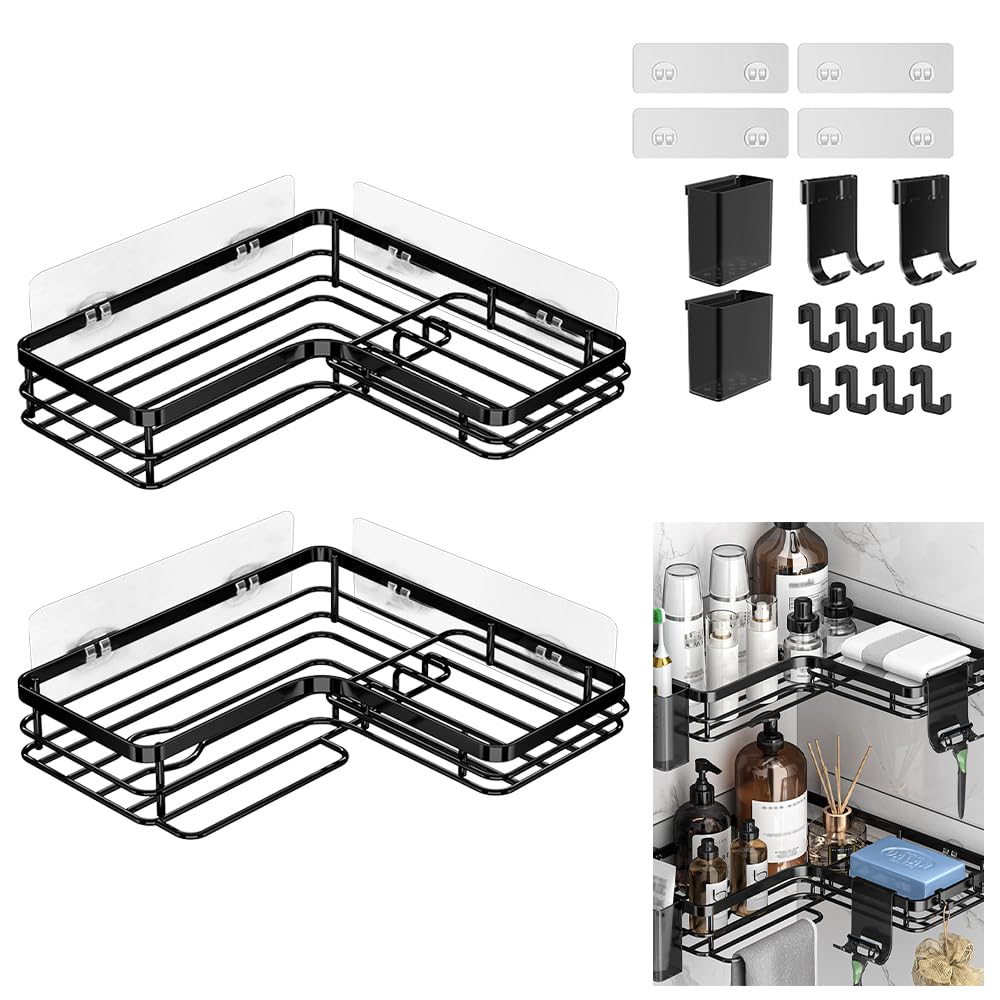 HMIEPRS 2 Pack Corner Shower Caddy with Hooks Adhesive Wall Mounted Shower Shelf No Drilling Black Stainless Steel