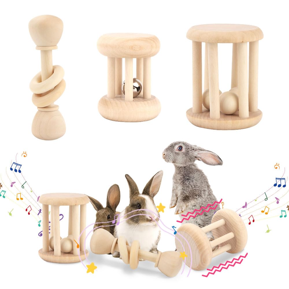 3 Pcs Wooden Bunny Toys with Bell,Safe Giochi per Conigli per Denti,Giochi per Conigli Nani per Indoor Outdoor,Piccoli Animali