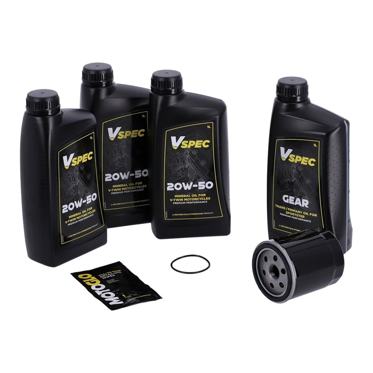 Vspec Big Oil Kit Manutenzione Tagliando Completo, Olio Minerale SAE 20W50, 3L Motore + 1L Olio Trasmissione, Filtro Olio Nero, per Harley Sportster XL 1986-2003