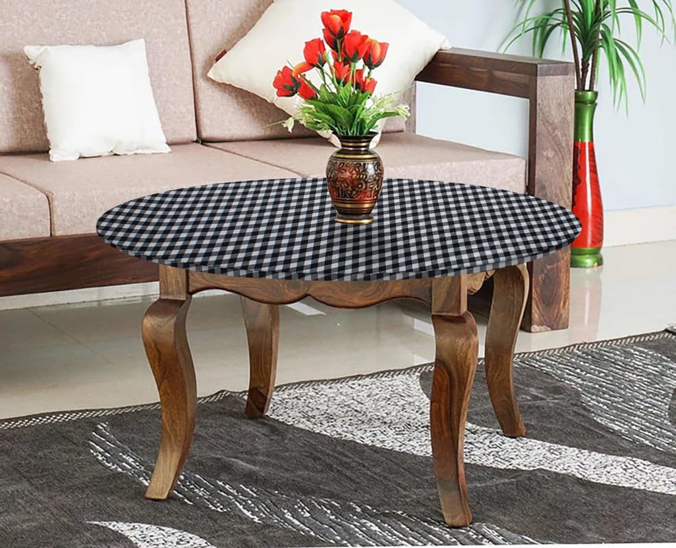 Image of The Furnishing Tree Round Elastic Fitted Center Tpoy Table Cover WxL 20x20 Inches Checkered Pattern White