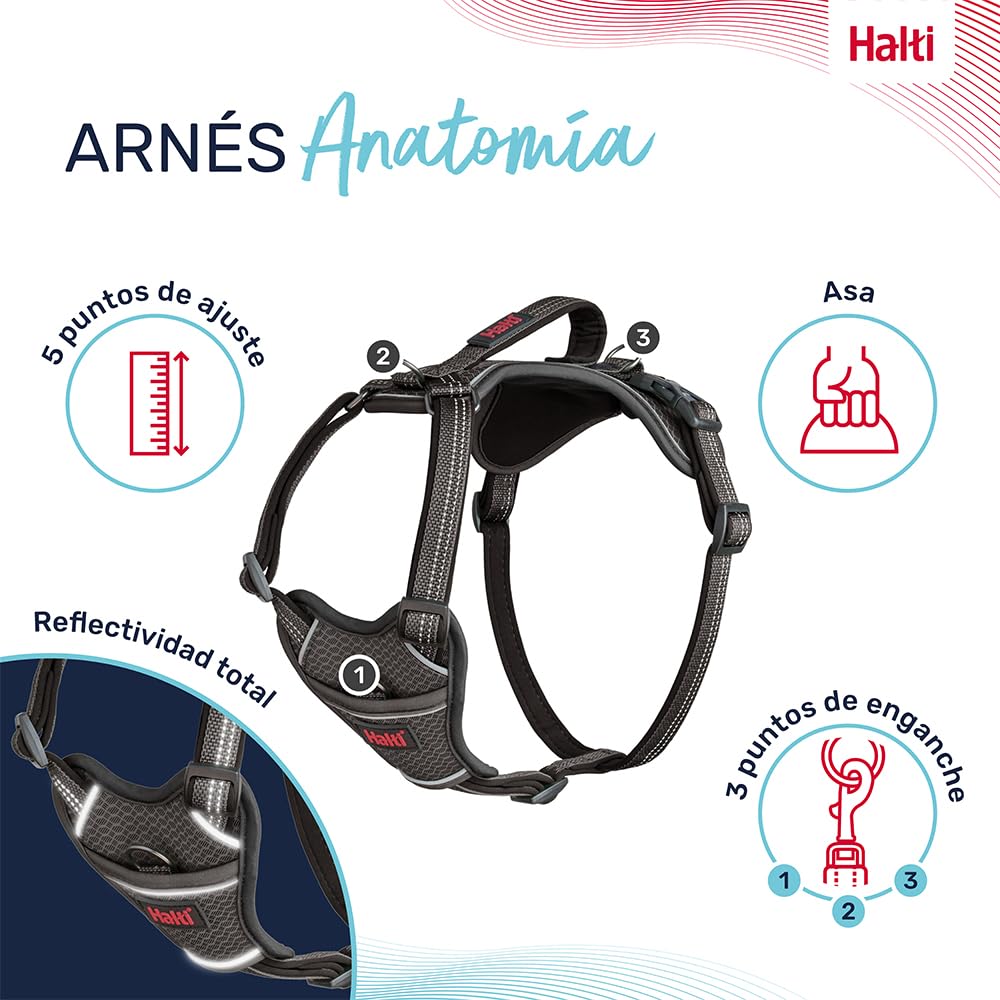 Arnés de Perro HALTI Anatomy con asa - Proporciona Libertad de Movimiento a tu Perro para Que pasee cómodamente. 3 Puntos de Enganche y Acolchado de Neopreno, Ajustable y Reflectante (Talla S, Gris)