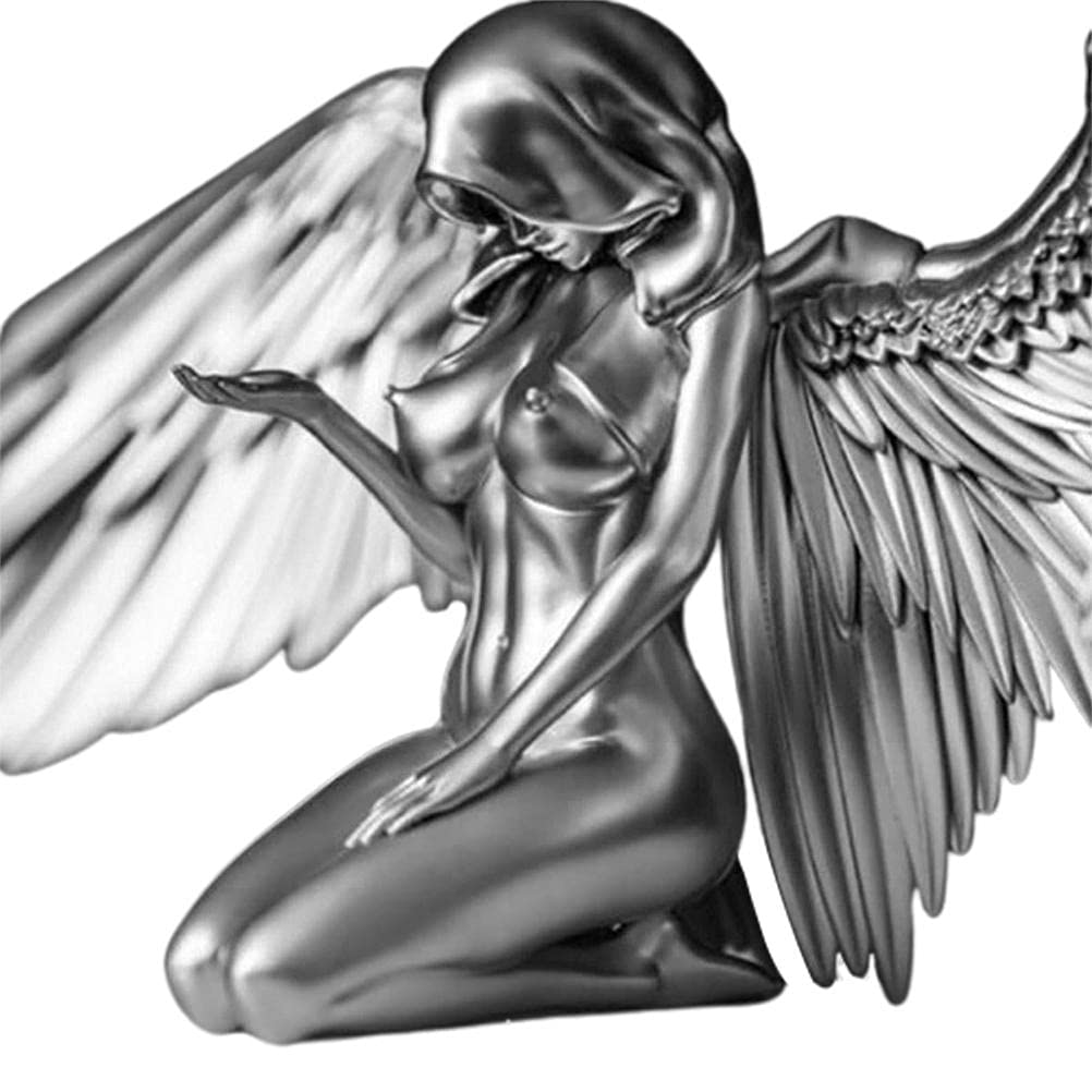 Silver-White Angel Fairies Figurine - Kneeling Cloak Hat Nude Sexy Human Body Silver Resin Statue, 3D Art Decor, Redemption Angel Creative Sculpture