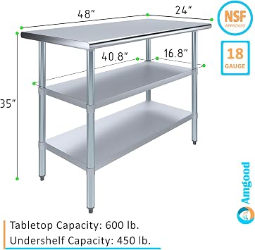 KPS Commercial Stainless Steel Work Table with Double Undershelf | 24 x 48 NSF Certified Prep Table for Kitchen, Restaurant, Garage, or Utility Use