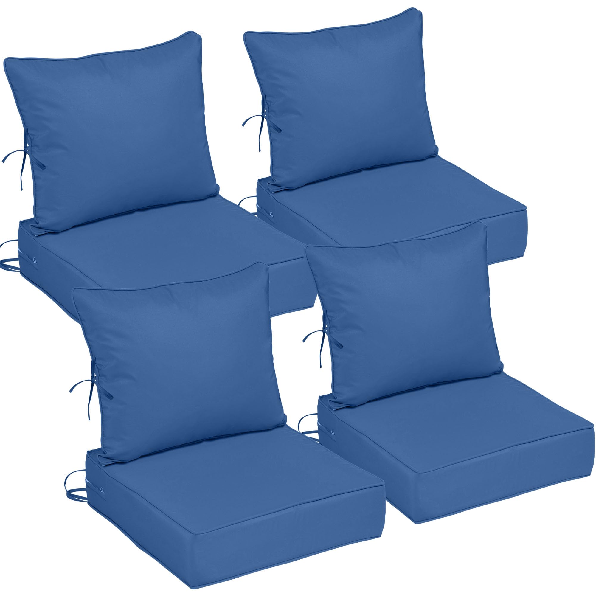24x24 Outdoor Chair Cushions Set of 4, Waterproof Deep Seat Cushions for Patio Furniture with Removable Cover, Fade Resistant 4'' Outdoor Seat Cushion w/Ties&amp;Handle for Sofa Loveseat, Blue