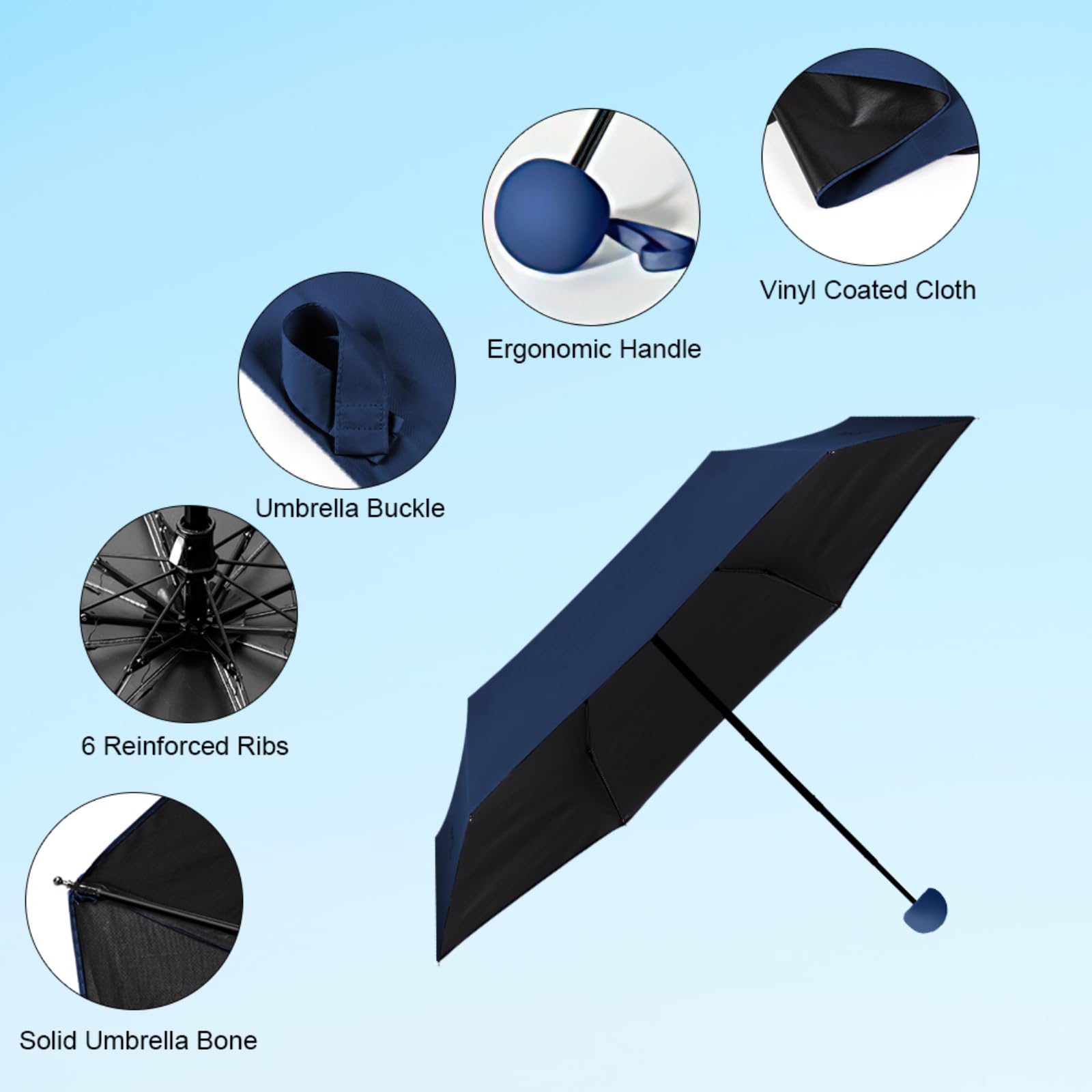 Vicloon Mini Ombrello, Ombrello Tascabile con Manico Dorato Nervature in Lega di Alluminio, Portatile Compatto Pieghevole Viaggio Ombrello, UPF>50+ Ombrello da Sole/Pioggia