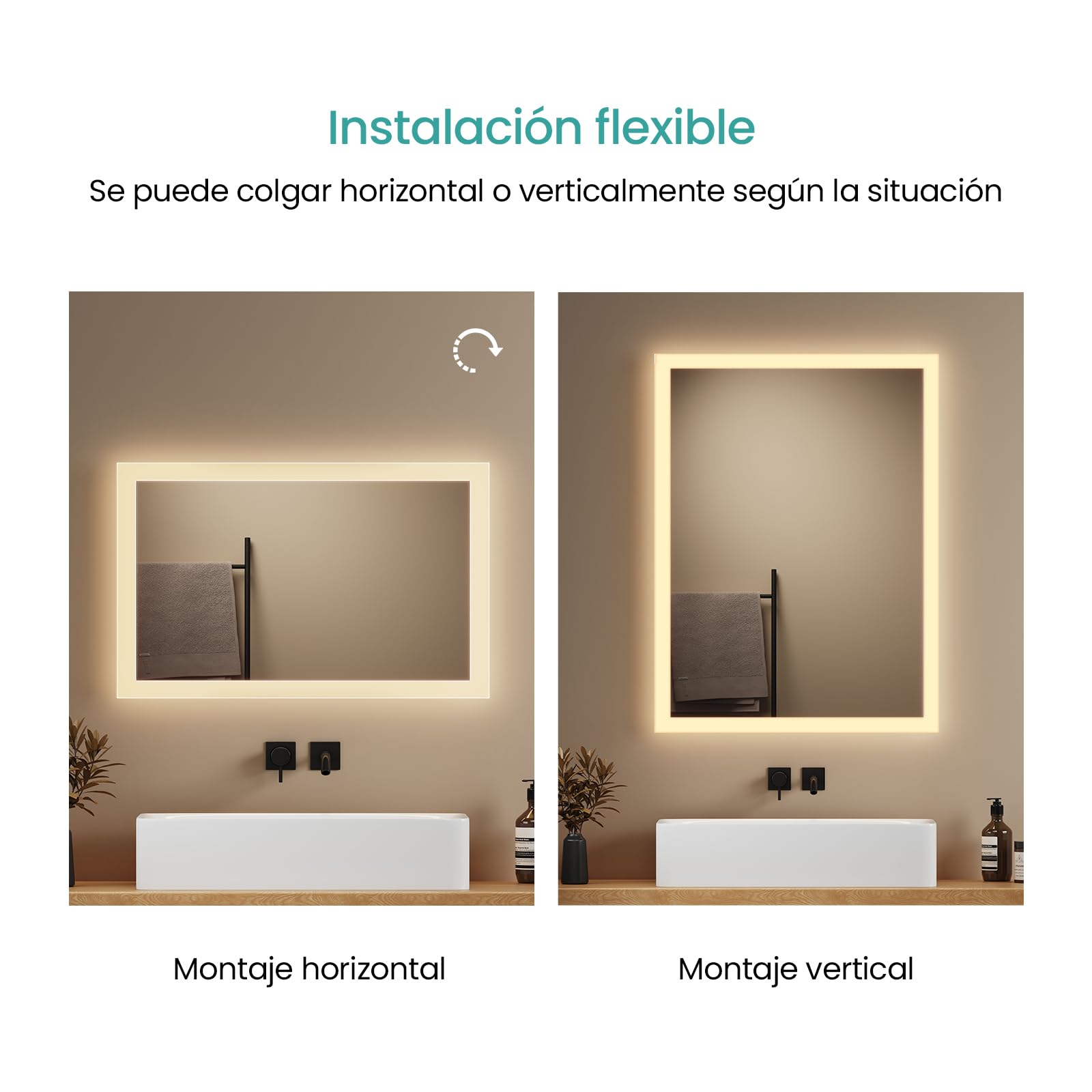 EMKE Espejo Baño con Luz Led 40x60 cm, 3000K Blanco cálido | Espejo de baño LED , Interruptor de Pared, Instalación Vertical/Horizontal, Espejo Anti-explosión IP44, LED Espejo