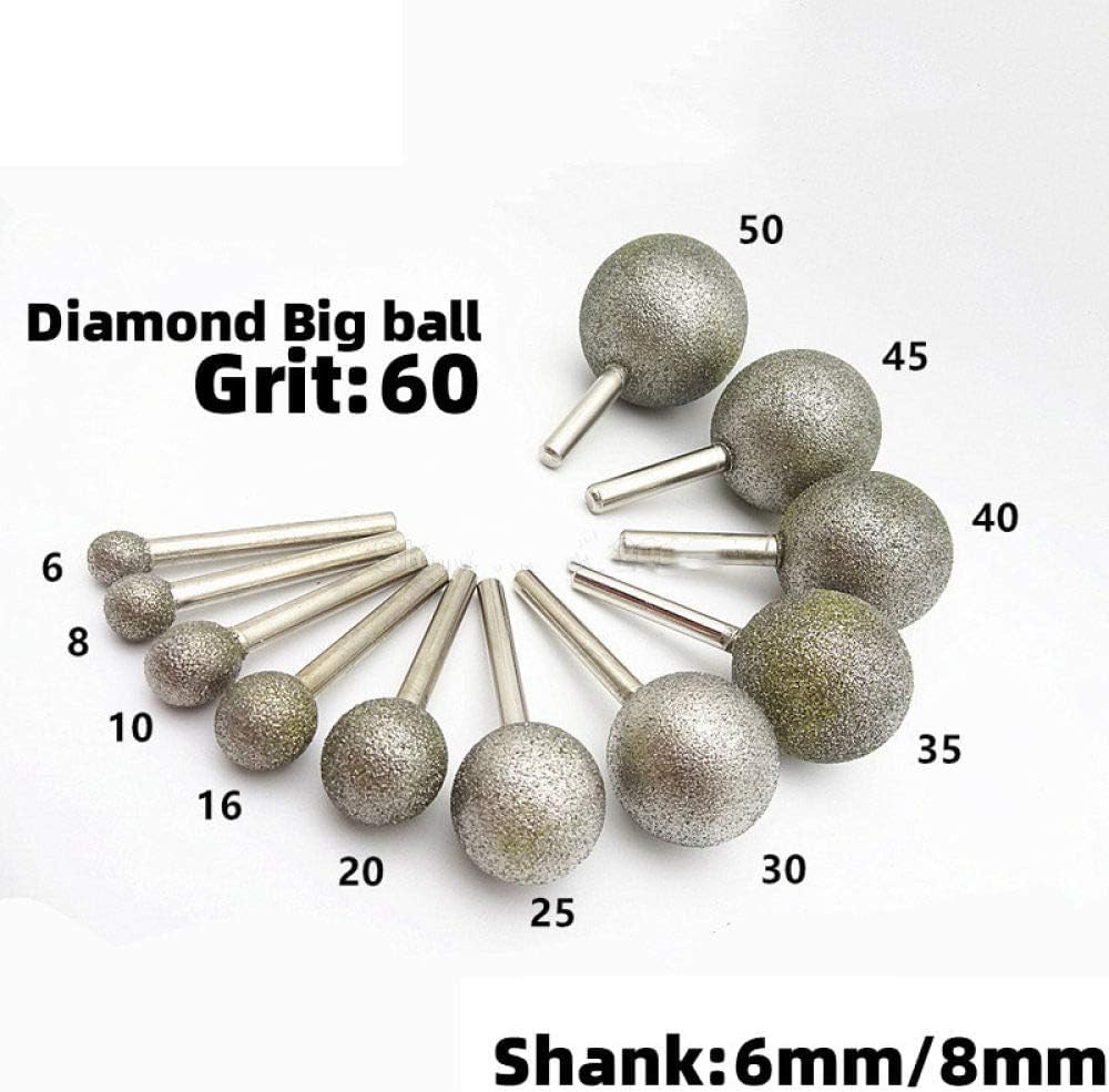 1 broca de diamante de cabeza esférica de 6 mm/8 mm, puntas montadas, puntas redondas gruesas para taladro de piedra, metal, 40 mm (vástago de 8 mm)