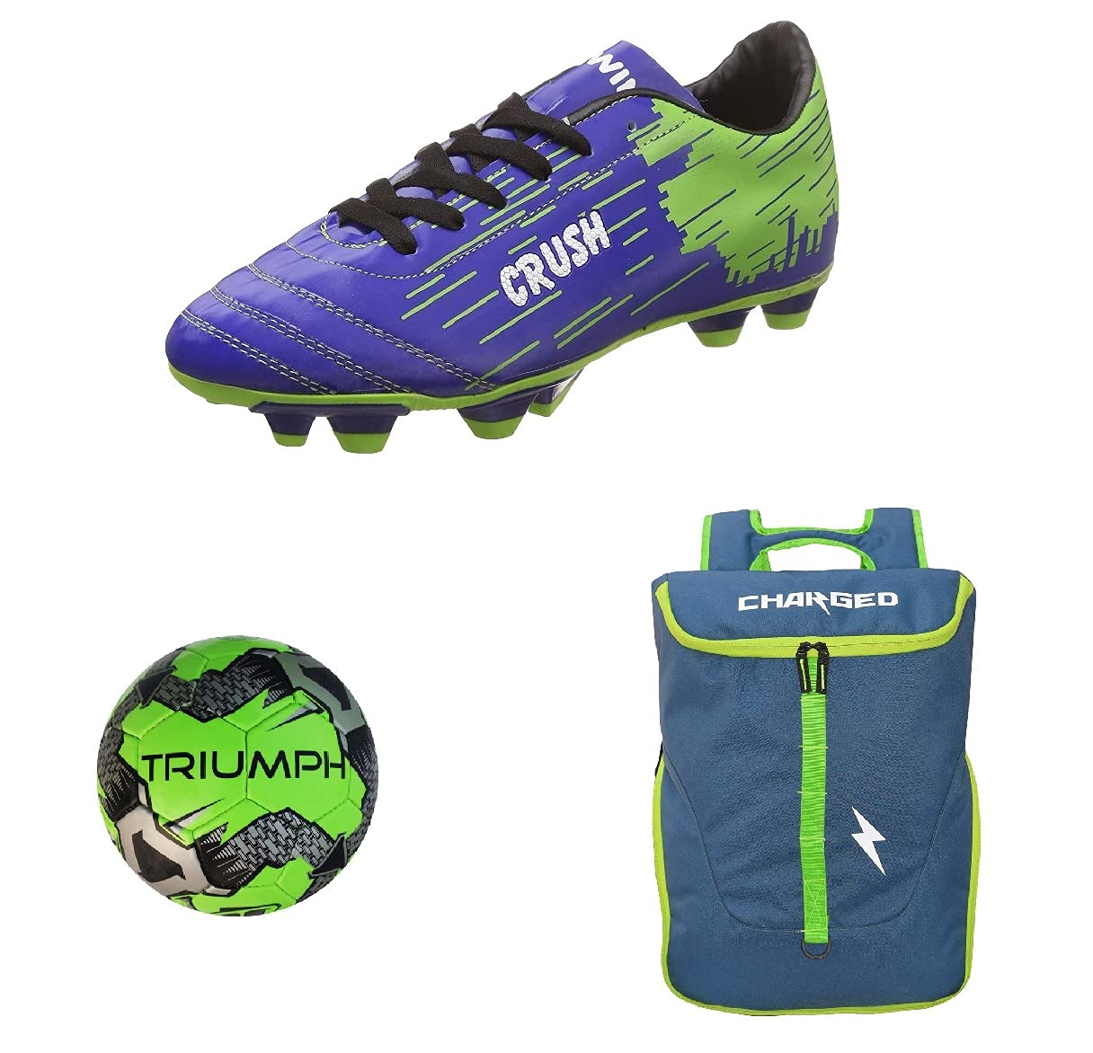 Charged Sports Bag Utile Laptop Bag Blue with Gowin Football Shoe Crush Blue Green Size-6 and Triumph Football PVC Boss Green