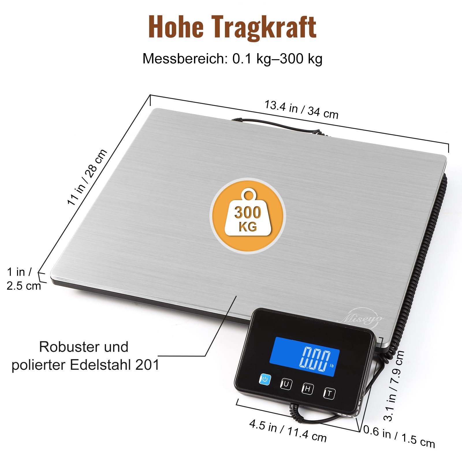 Miseyo Paketwaage, 300kg/20g, Hochpräzise Plattformwaage aus Edelstahl, Postwaage mit LCD/Halte/Tara Funktion für Pakete, Gepäck, Lagerhaus,Unternehmen, Inklusive Batterien&Typ-C
