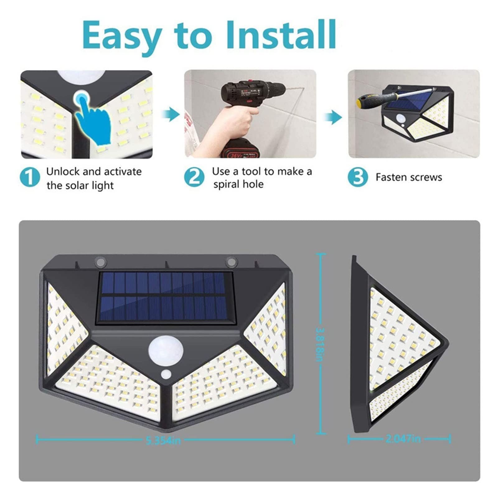 Zewnętrzne światła słoneczne 100 LED Solar Zewnętrzna lampa ścienna Solar Lampa ścienna PIR Czujnik ruchu Wodoodporna lampa solarna do dekoracji ogrodu Łatwy w instalacji