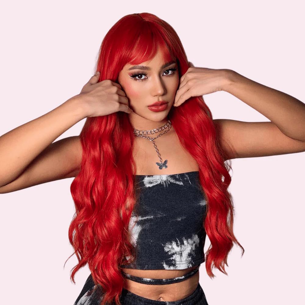 YEESHEDO Long Red Wave Wigs for Women with Fringe Bangs Natural Curly Wavy Synthetic Replacement Hair for Party Cosplay Halloween 28 Inches (Gold Red) - Image 3