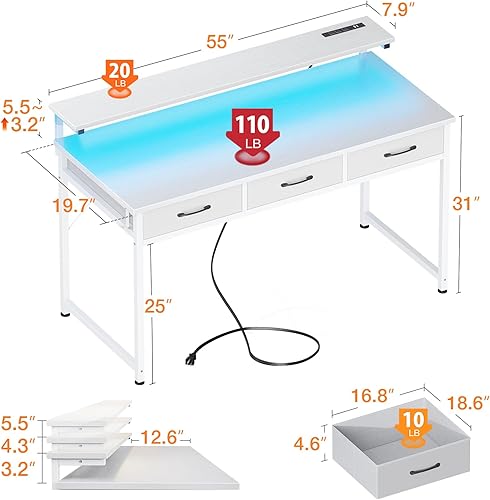 Miniatura 3 de ODK Escritorio para computadora de 55 pulgadas con 3 cajones y tomas de corriente USB, escritorios de oficina en casa con luces LED y soporte de