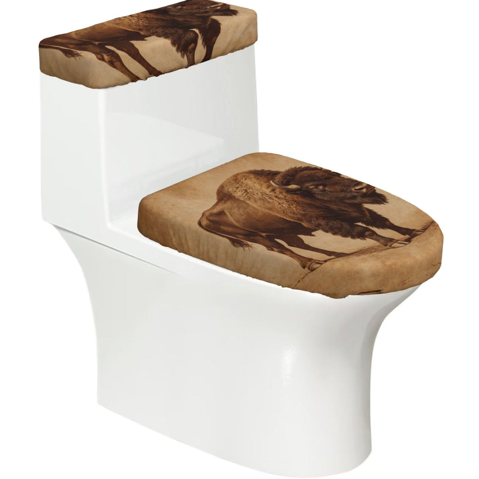 Old Paper Buffalo Elastic Toilet Cover Set of 2-Stretchy Lid and Tank Covers for Bathroom, Soft Washable U Shape Toilet Decor