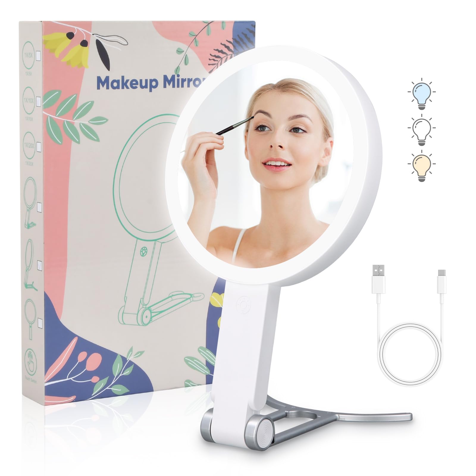 Makeup Mirror with LED Light, 1X/20X Magnification Mirror, Portable and Adjustable Brightness, Rechargeable Makeup Mirror with Light and Magnification for Bathroom Travel Hair Removal and Eyebrows