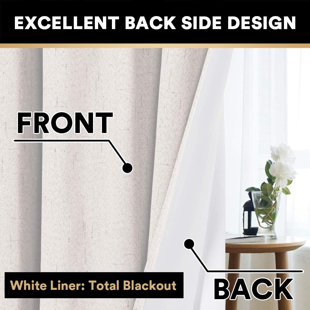 PrinceDeco Blackout Curtains 63 Inches Long 100% Blackout Curtains for Bedroom Rod Pocket Linen Textured Curtains Energy Saving with White Liner, 2 Panels(52 x 63 Inch, Ivory)