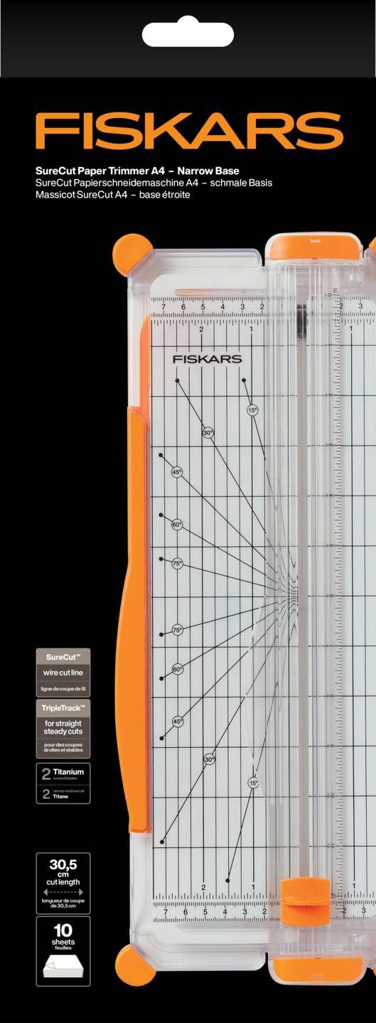 Fiskars Massicot SureCut, A4, Base Étroite, Ligne de Coupe, Blanc/Orange, 1077799
