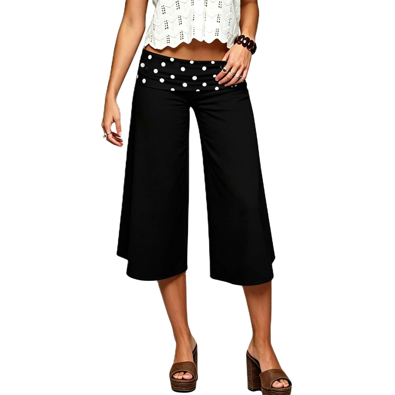 RUEWEY Women Fold Over Capri Pants Low Rise Wide Leg Yoga Capris Going Out Flowy Gaucho Pants Streetwear