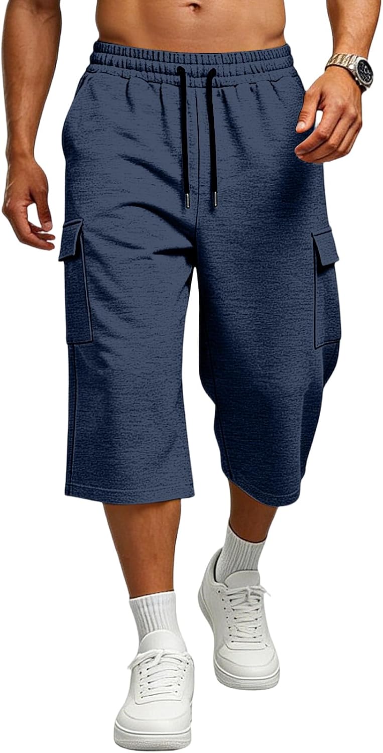 Men's Summer Knee Length Cargo Shorts Elastic Waist Casual Shorts with Drawstring Relaxed Fit & Multi Pockets