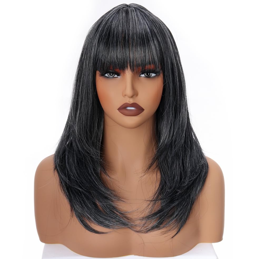 PORSMEER Medium Long Black Mix Silver Hair Wigs for Women Ladies Gray Bob Wigs with Fringe Natural Straight Synthetic Hair Wig 16 Inches,Everyday or Party - Image 3