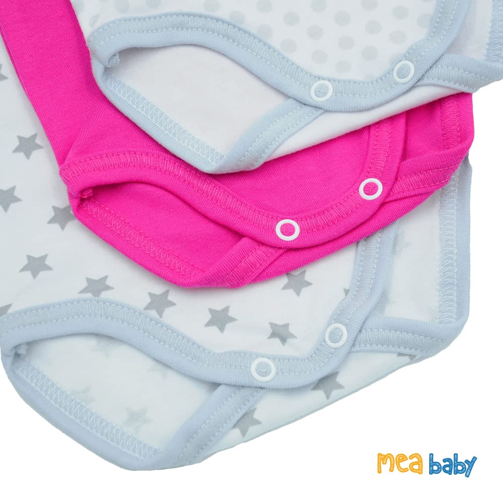 MEA BABY 5er Pack Baby Kurzarm-Body für Mädchen & Jungen aus 100% Baumwolle, Babybody Set mit Motiv und Druckknöpfen, atmungsaktiver Einteiler mit Schlupfkragen, ideale Erstausstattung