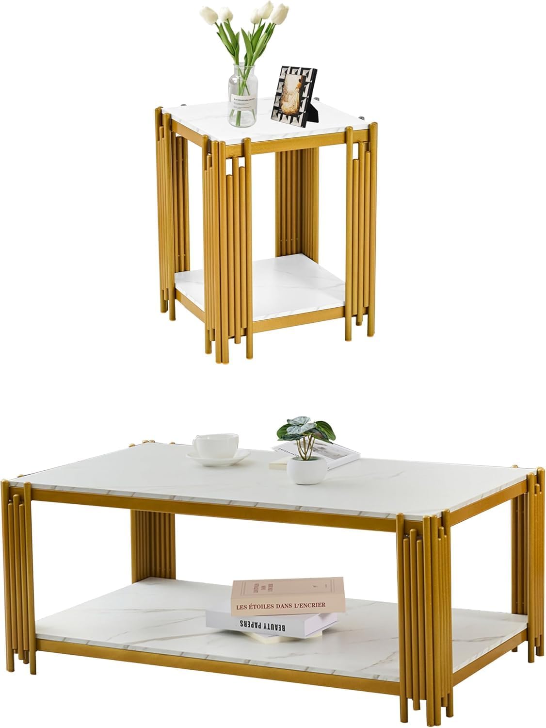 Goujxcy Marble Coffee Table Set of 2, Elegant White Faux Marble Coffee Table End Table Set w/Gold Metal Frame, 2 Piece Living Room Table Set with 1 Rectangle Coffee Table & Square Side Table